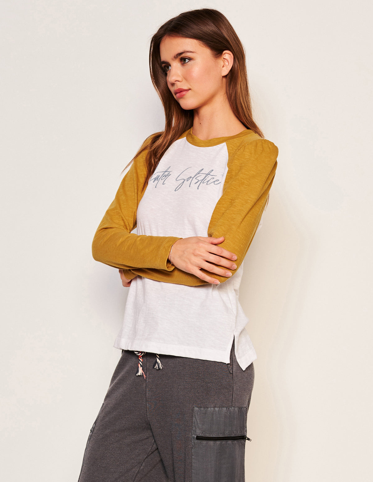 Sundry Winter Solstice Long Sleeve Contrast Sleeve Tee in Optic White-side view