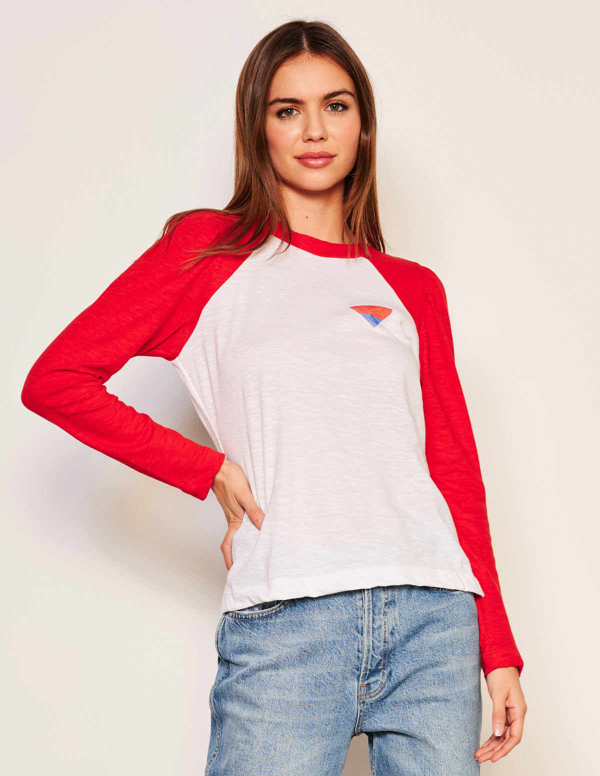 Sundry Heart Long Sleeve Contrast Sleeve Tee in Flare Red-full view