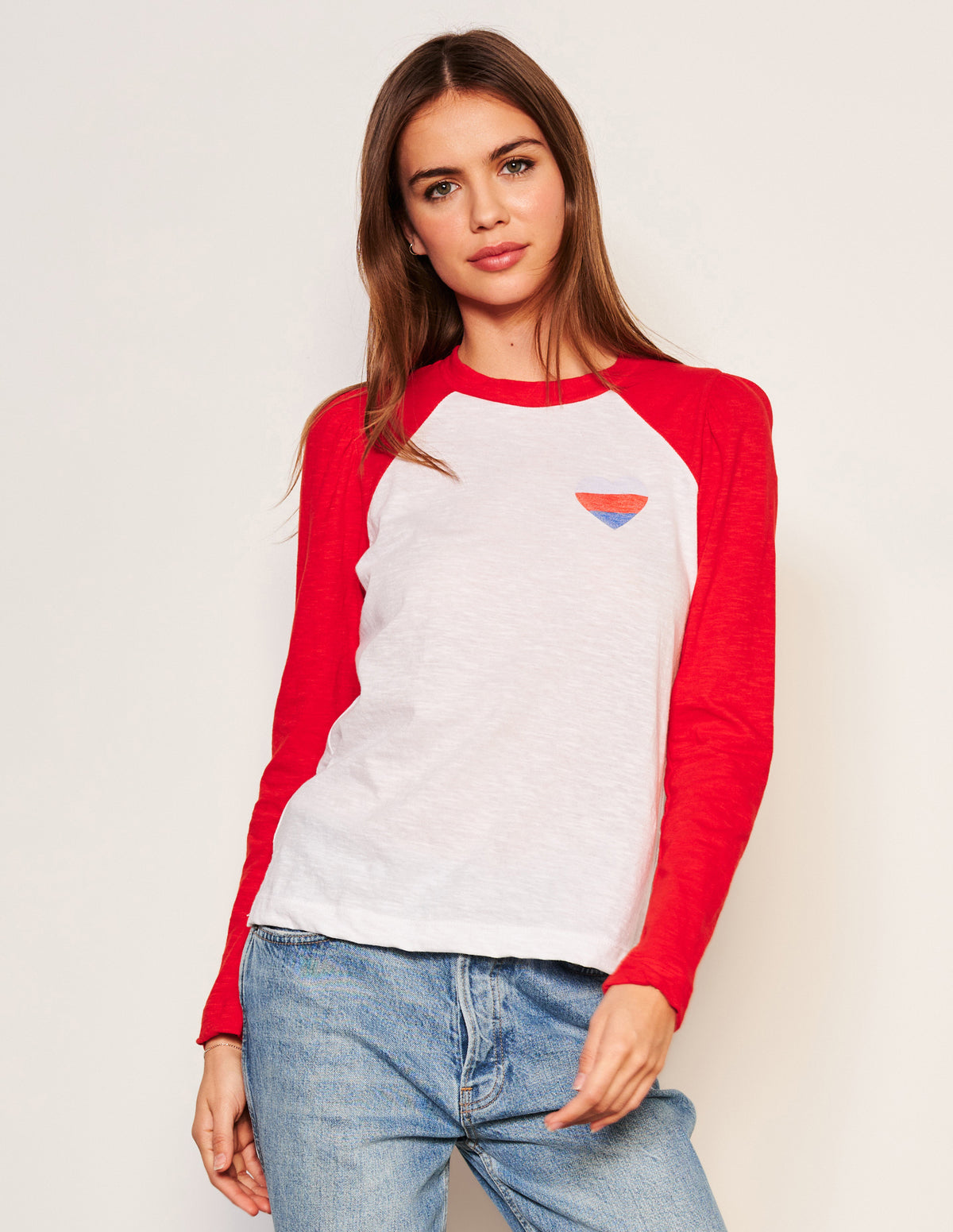 Sundry Heart Long Sleeve Contrast Sleeve Tee in Flare Red-3/4 front view