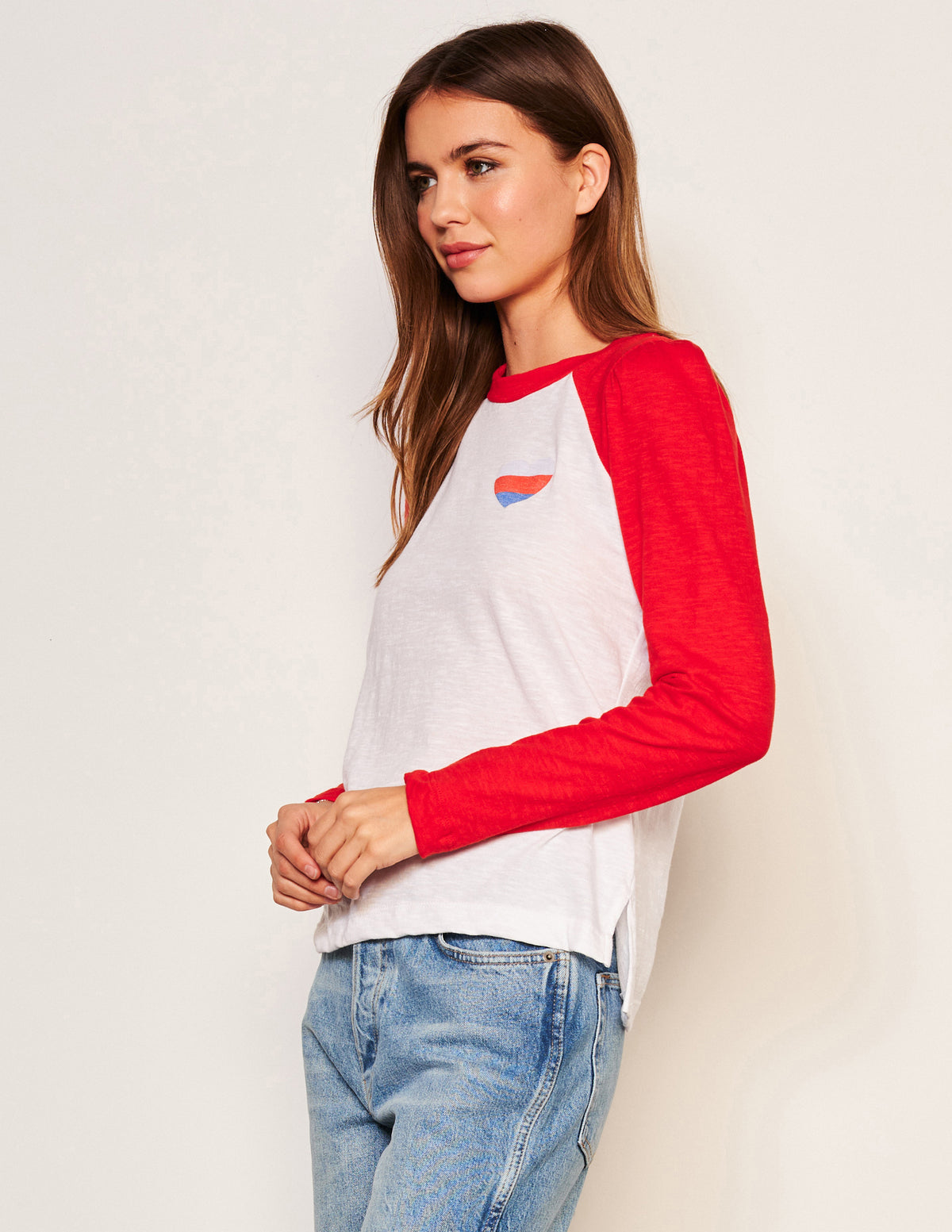 Sundry Heart Long Sleeve Contrast Sleeve Tee in Flare Red-side view