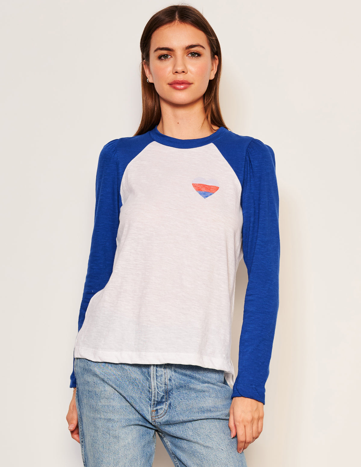 Sundry Heart Long Sleeve Contrast Sleeve Tee in Symphony-3/4 front