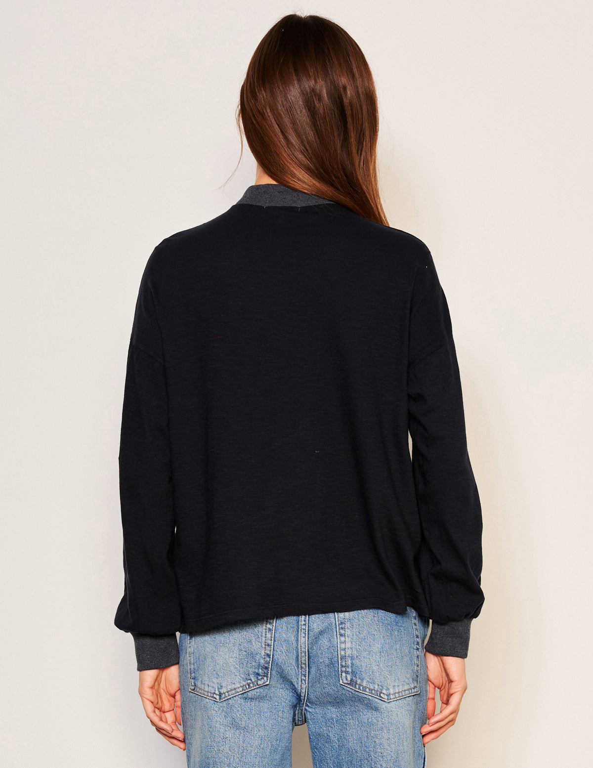 Sundry Et Voila Mock Neck Long Sleeve Tee in Deep Navy-back view