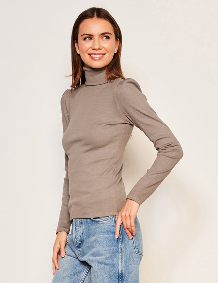Sundry Puff Sleeve Turtle Neck in Taupe-3/4 front view