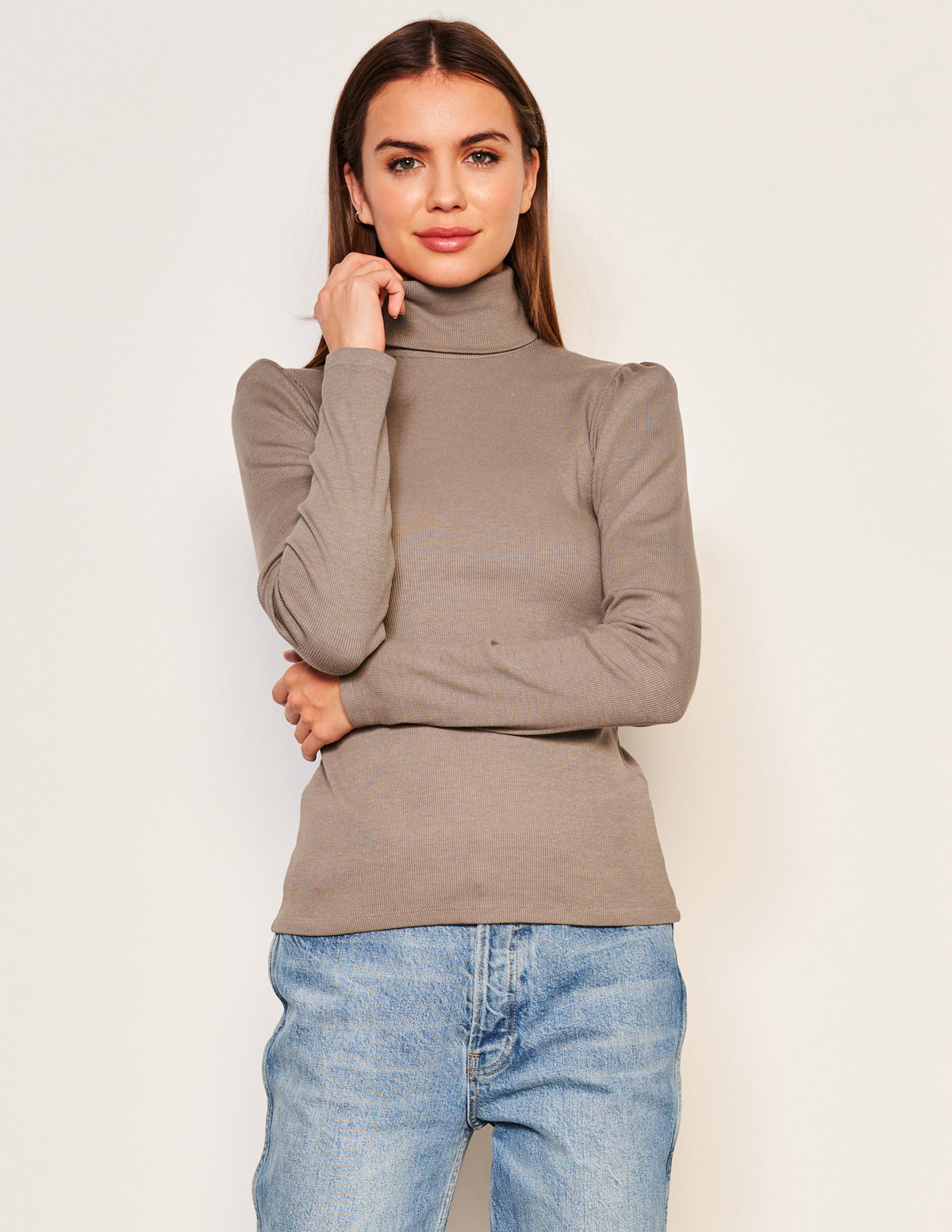 Sundry Puff Sleeve Turtle Neck in Taupe-front view