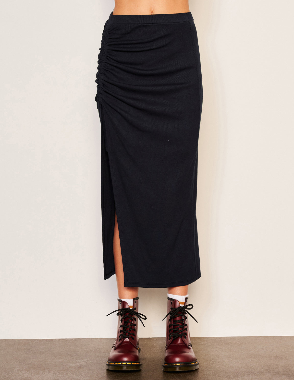 Sundry Rib Shirred Skirt in Deep Navy-front view