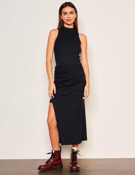 Sundry Rib Shirred Skirt in Deep Navy-front view