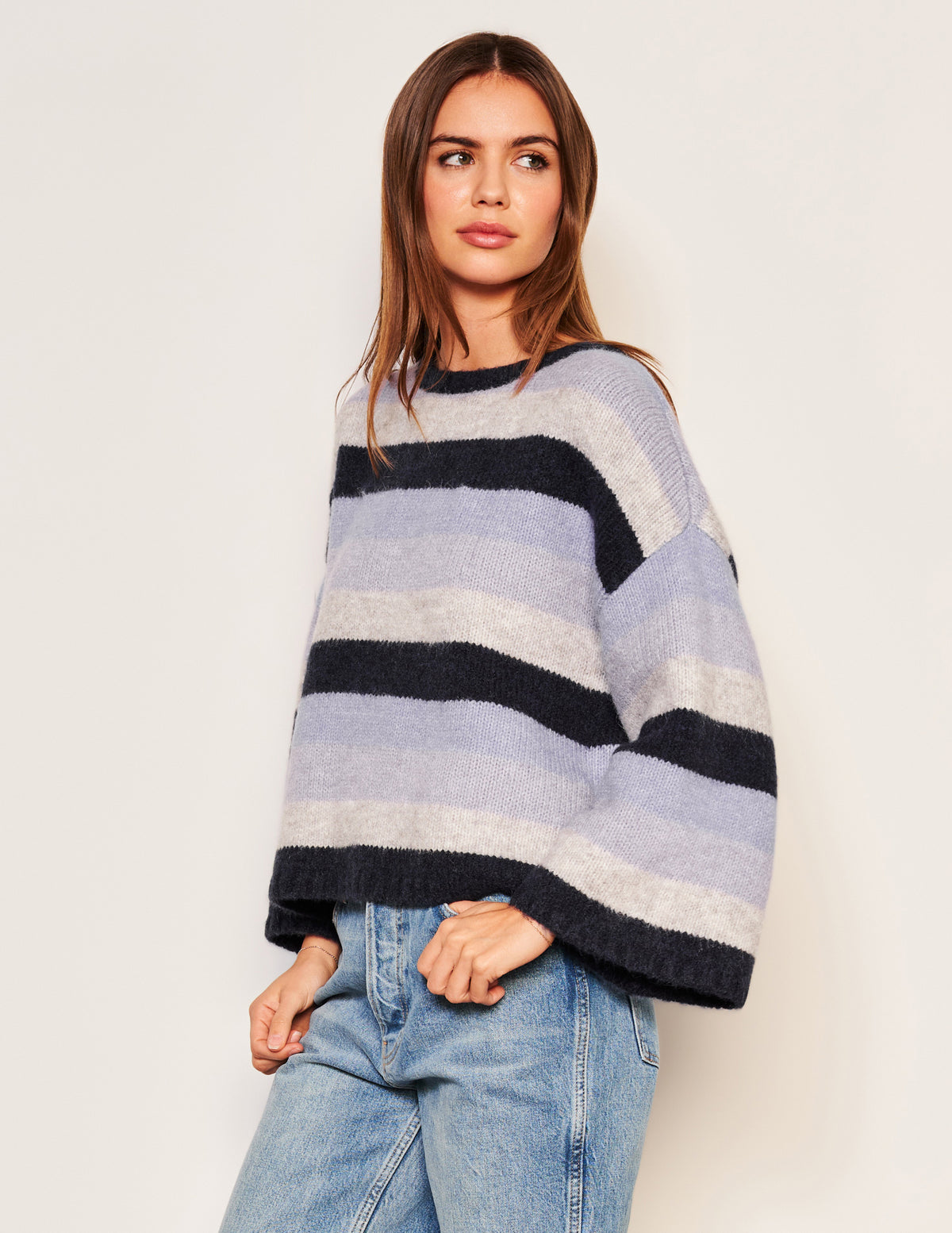 Sundry Cropped Stripe Sweater in Lilac Smoke-side view 