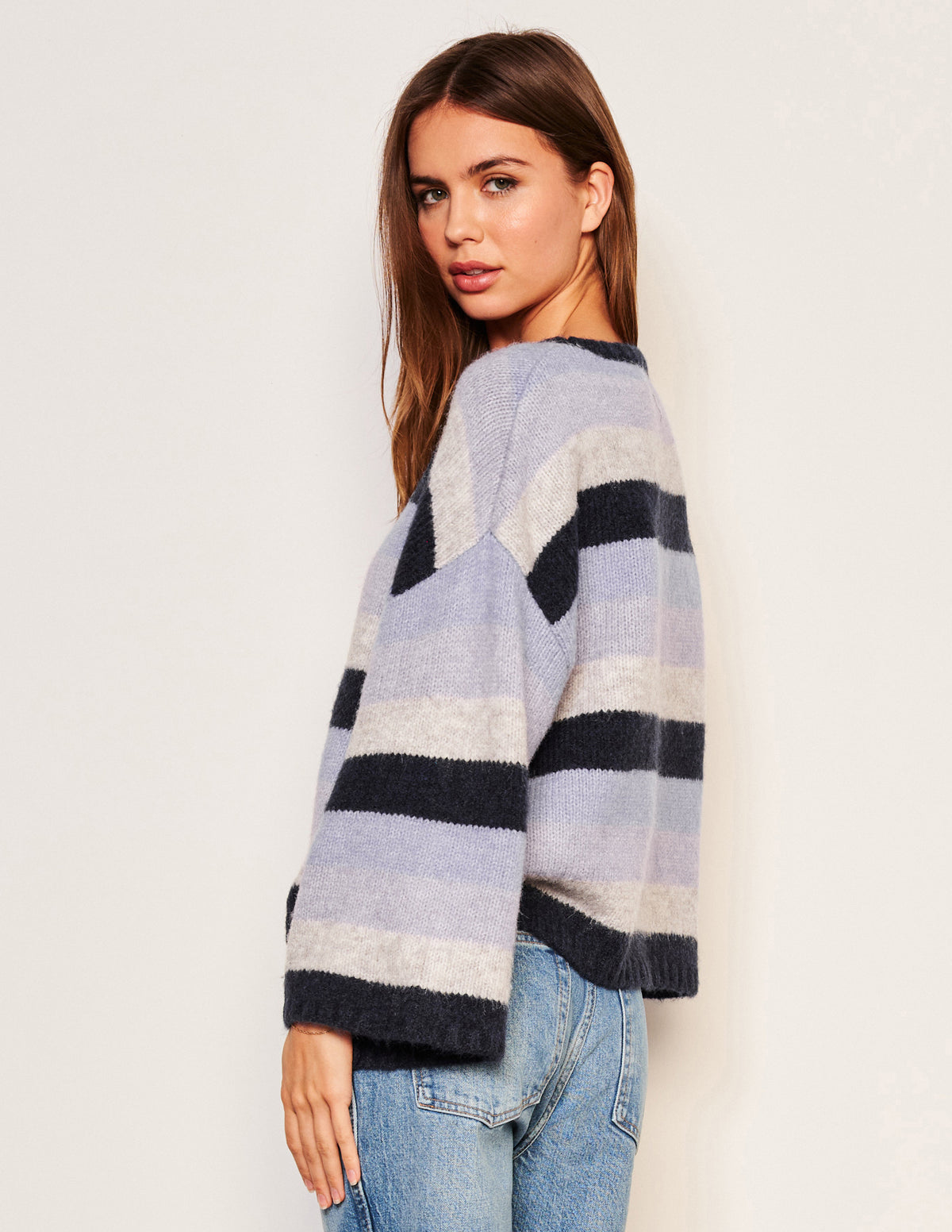 Sundry Cropped Stripe Sweater in Lilac Smoke-side/back view