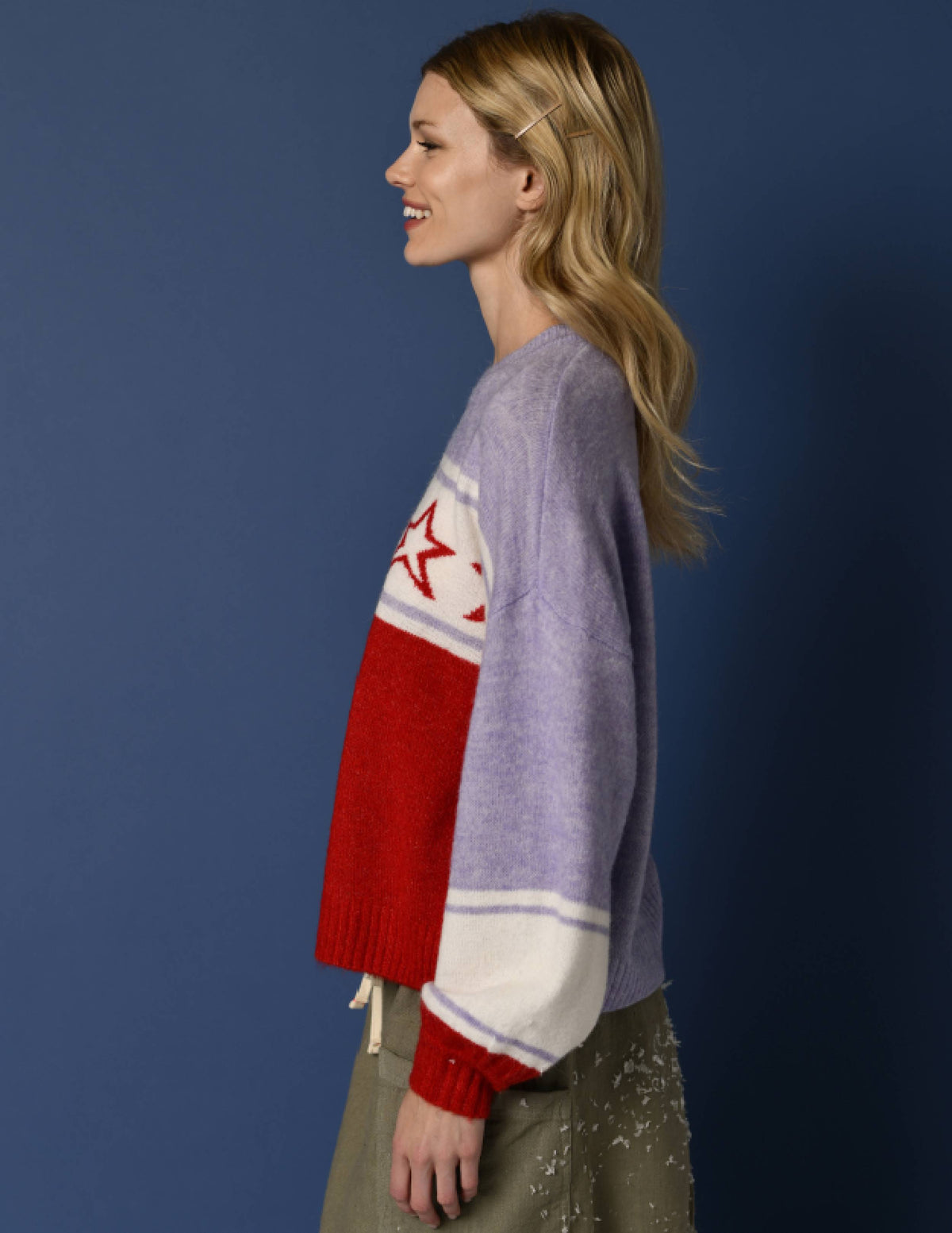 Sundry Star Intarsia Sweater in Flare Red-3/4 side view