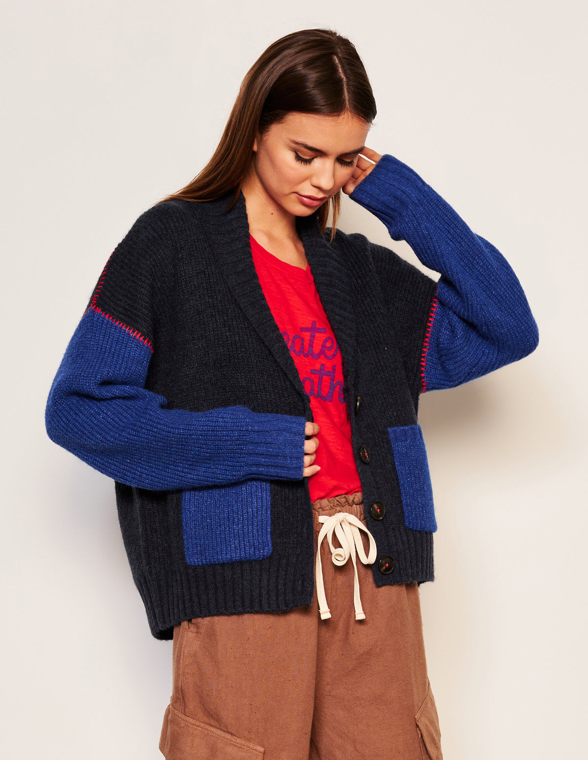 Sundry Shawl Collar Cardi in Deep N-model is looking down