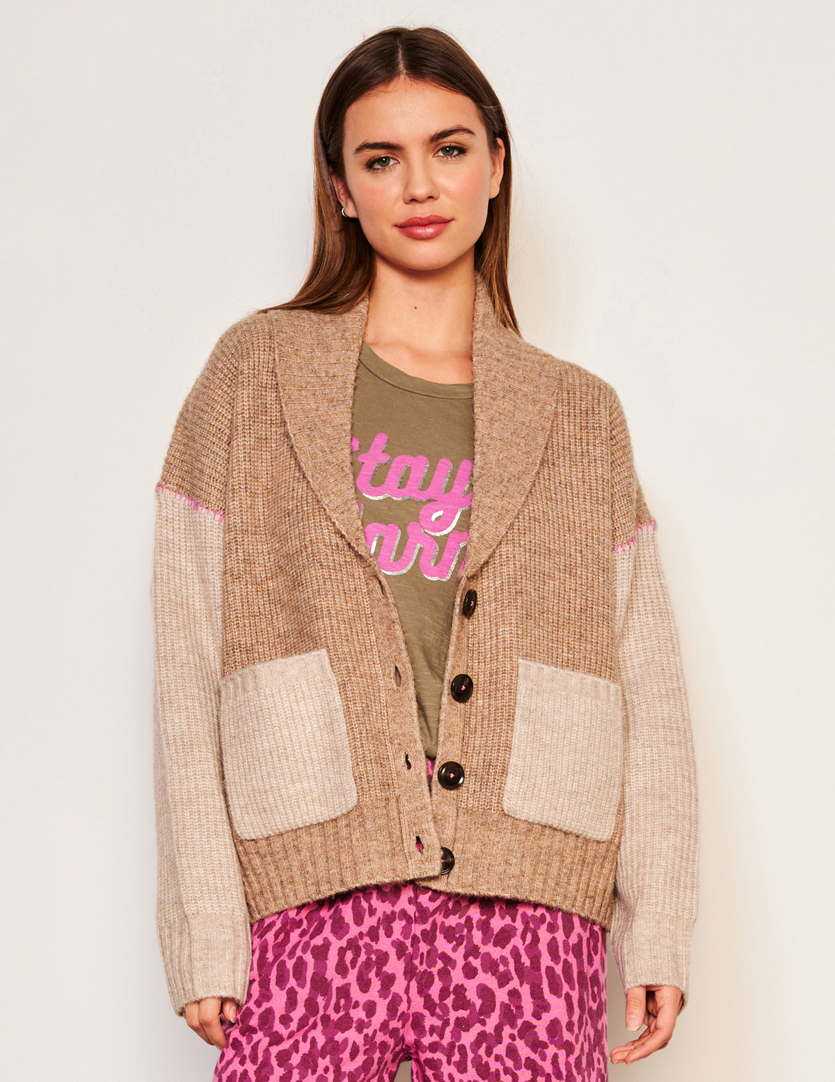 Sundry Shawl Collar Cardi in Taupe-front
