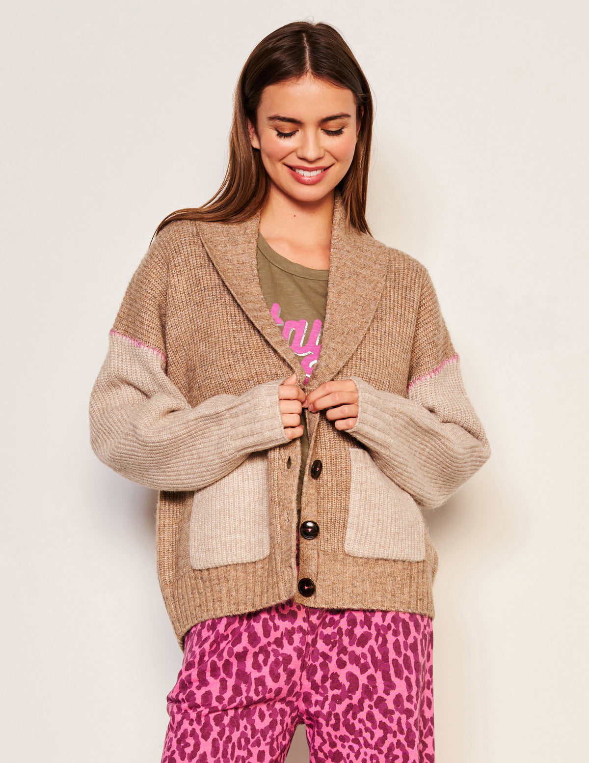 Sundry Shawl Collar Cardi in Taupe-model is looking down and has her hands together