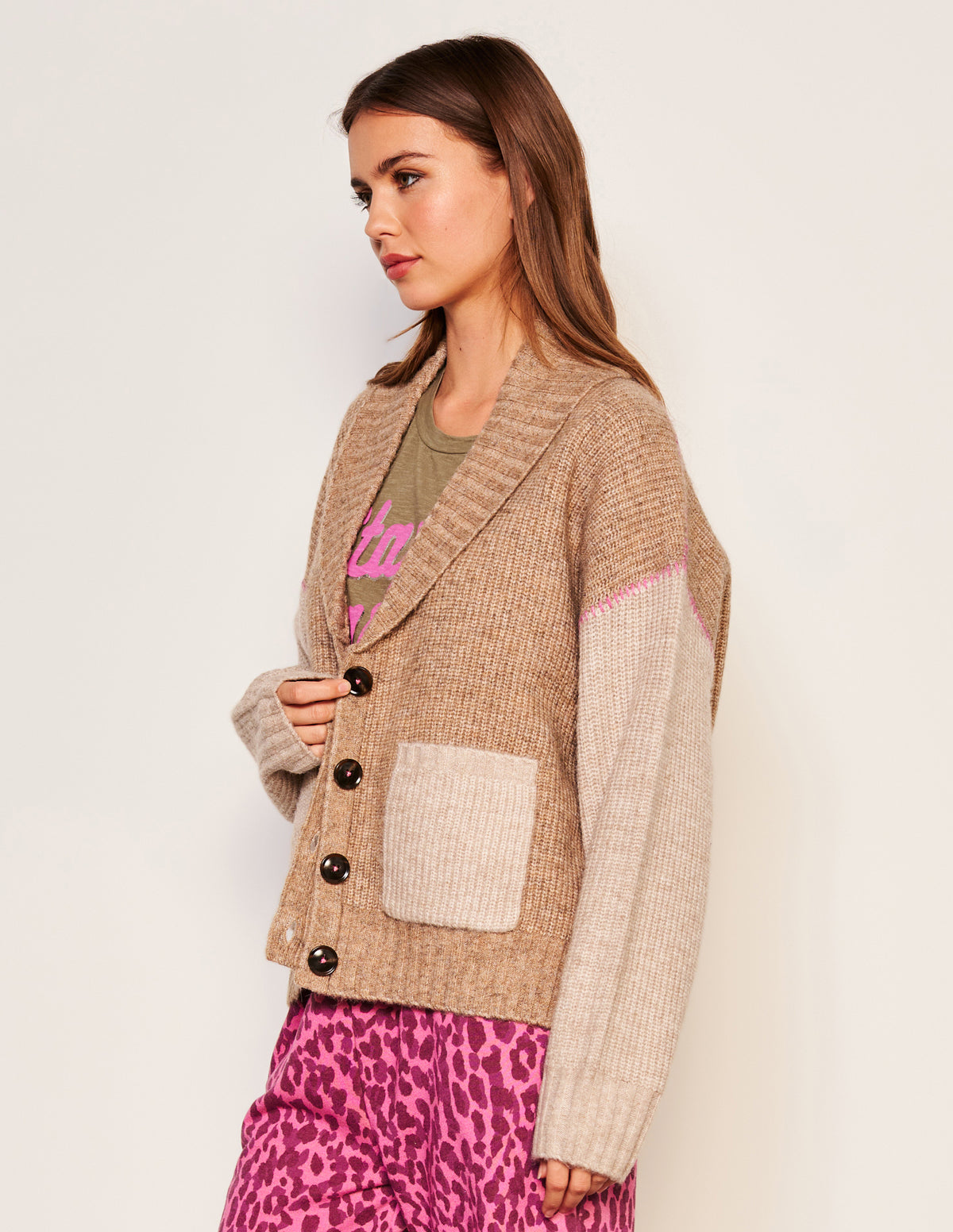 Sundry Shawl Collar Cardi in Taupe-side view