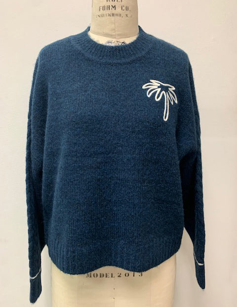 Sundry Cable Sleeve Sweater with Embroidery in Deep Navy-front view