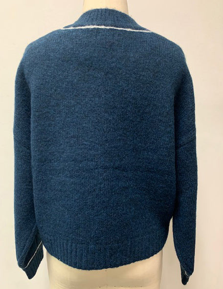 Sundry Cable Sleeve Sweater with Embroidery in Deep Navy-back view