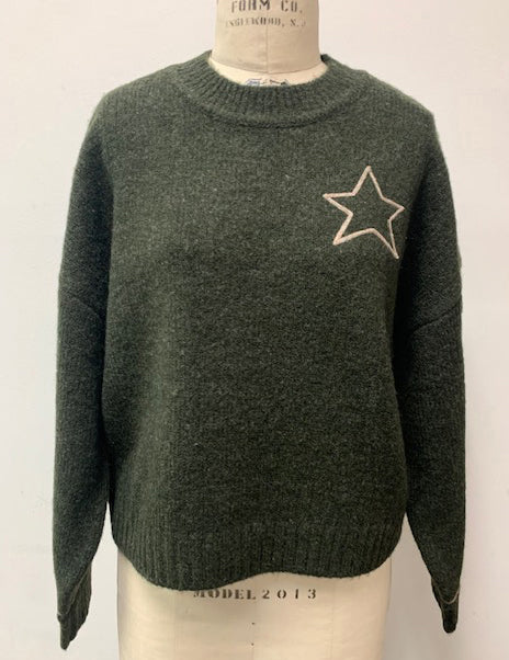 Sundry Cable Sleeve Sweater with Embroidery in Fern-front view