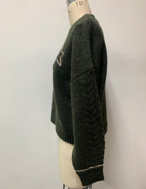 Sundry Cable Sleeve Sweater with Embroidery in Fern-side view