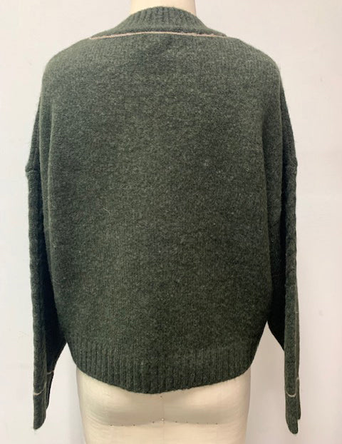 Sundry Cable Sleeve Sweater with Embroidery in Fern-back view