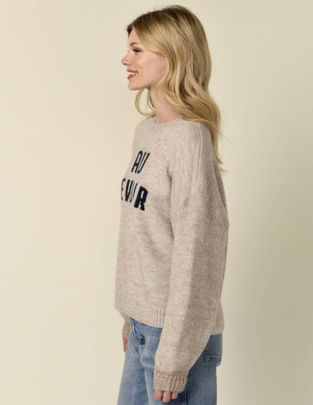 Sundry Au Revoir Insarsia Sweater in Oyster-3-side view full model is smiling 