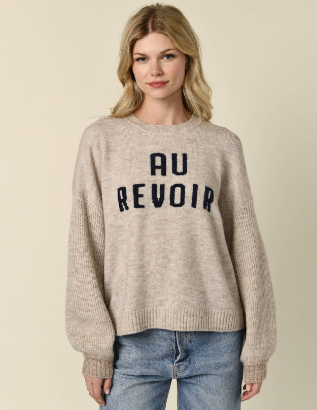 Sundry Au Revoir Insarsia Sweater in Oyster-3/4 front view model is looking to the front