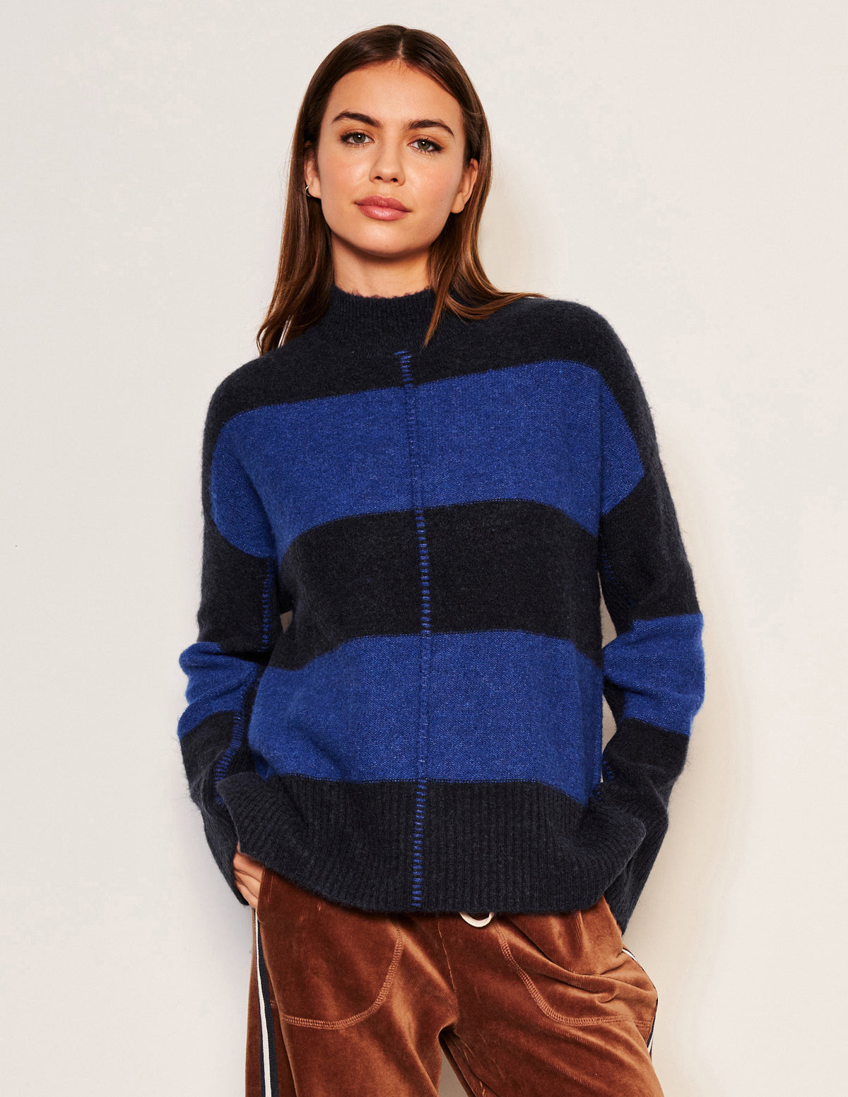 Sundry Bold Stripe Tunic Sweater in Deep Navy-3/4 front view