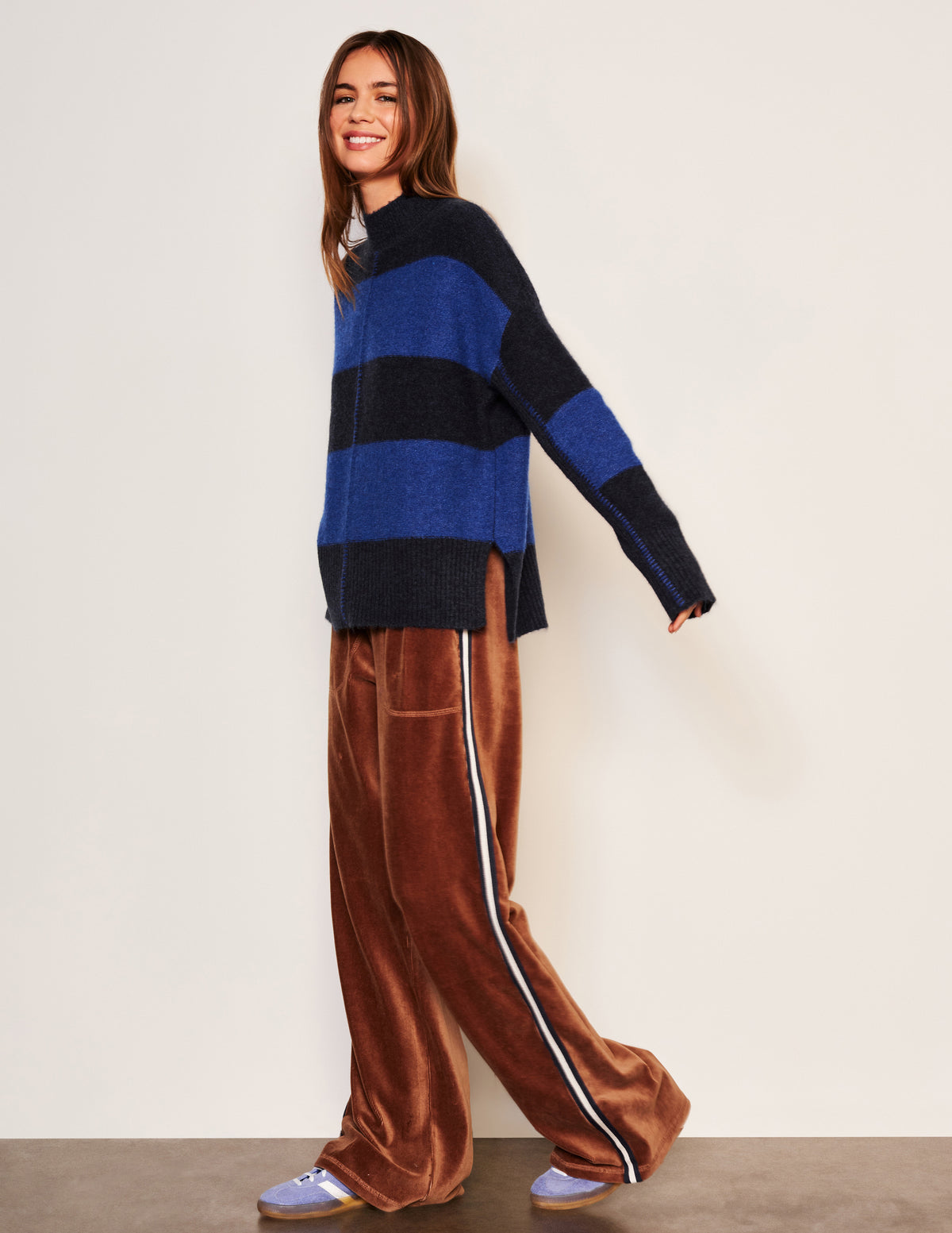 Sundry Bold Stripe Tunic Sweater in Deep Navy-side view full