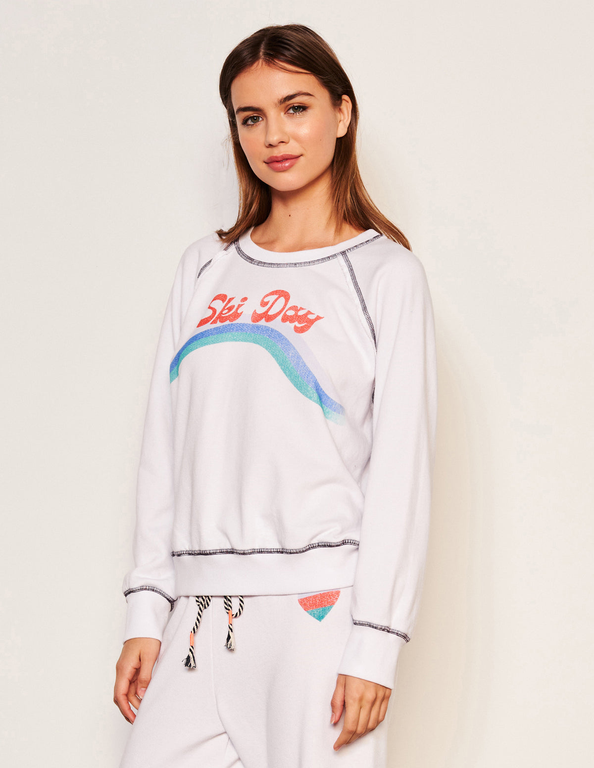 Sundry Ski Day Raglan Sweatshirt in Optic White- front/side view