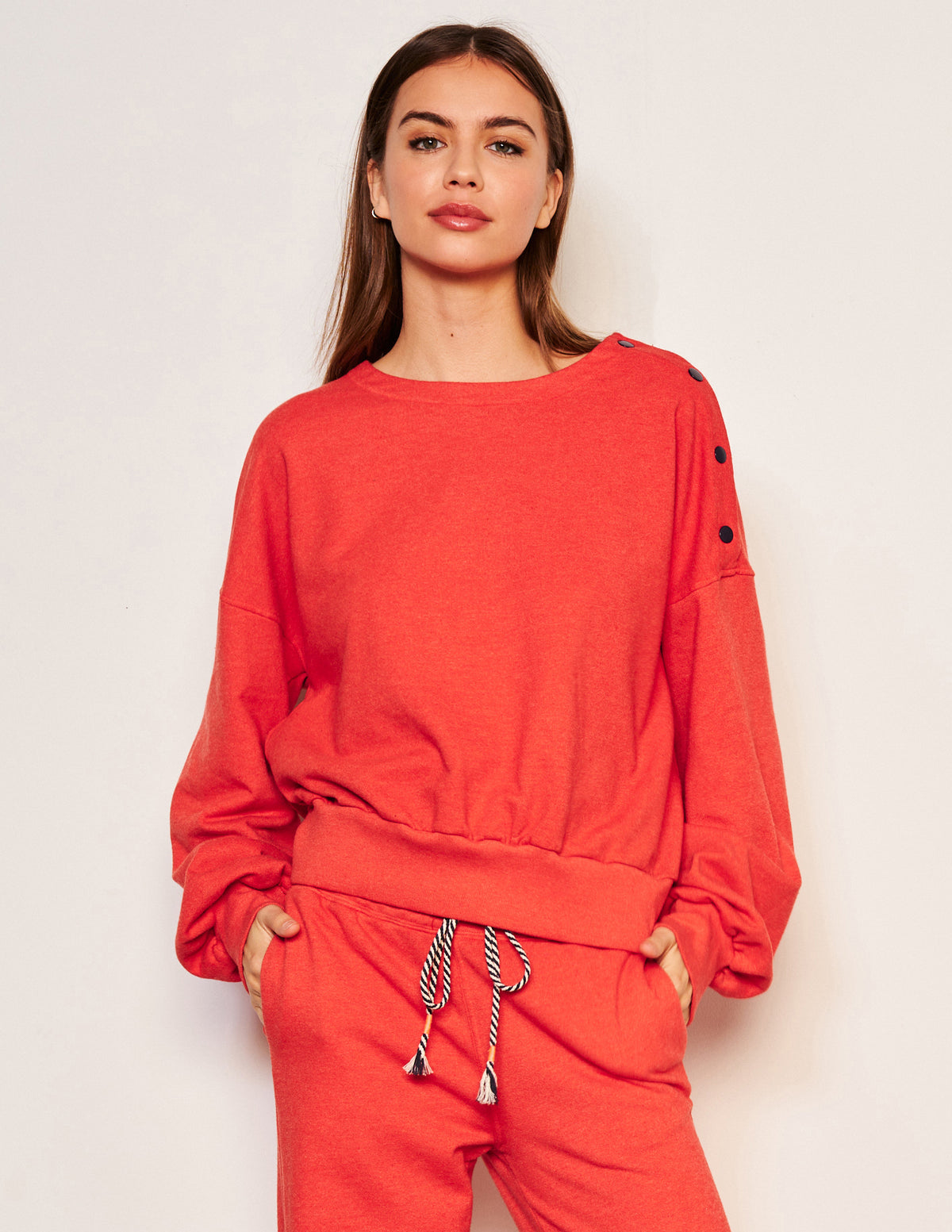 Sundry Snap Sweatshirt in Flare Red-3/4 front