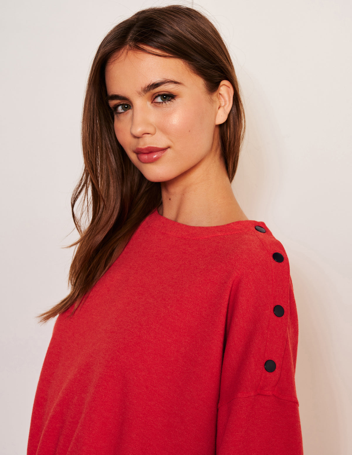 Sundry Snap Sweatshirt in Flare Red-close up of details