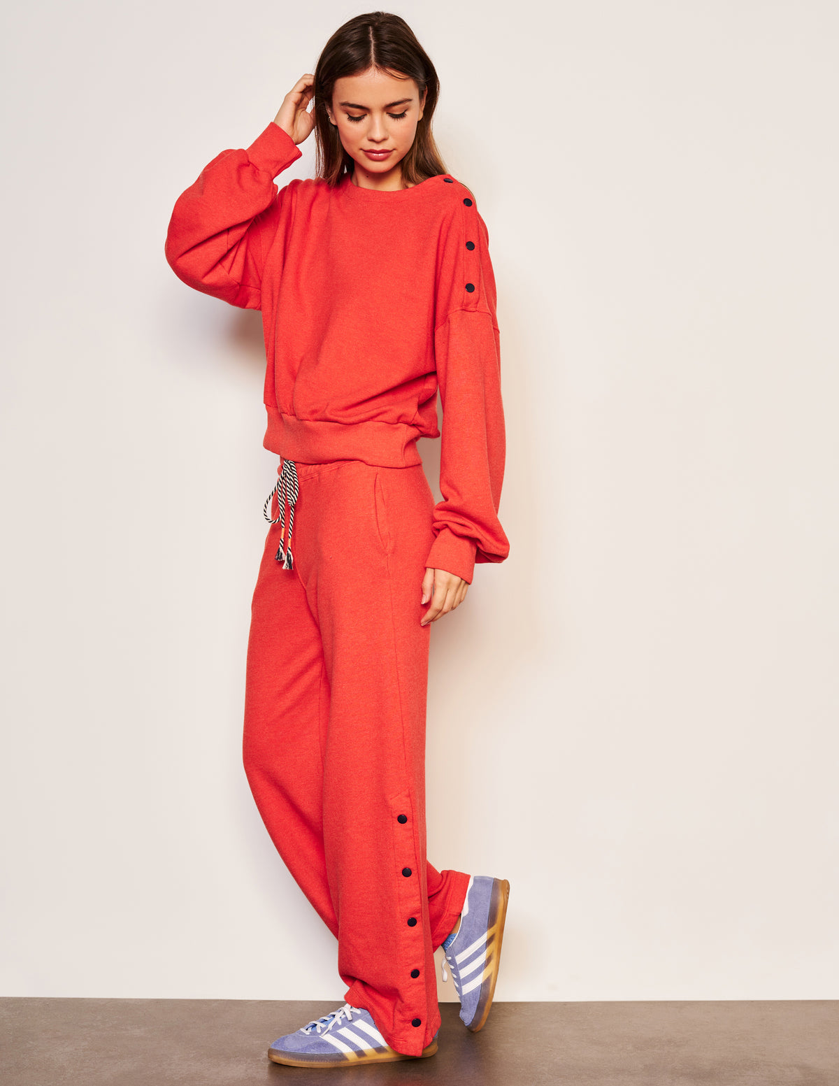 Sundry Snap Sweatshirt in Flare Red-full view model is looking down