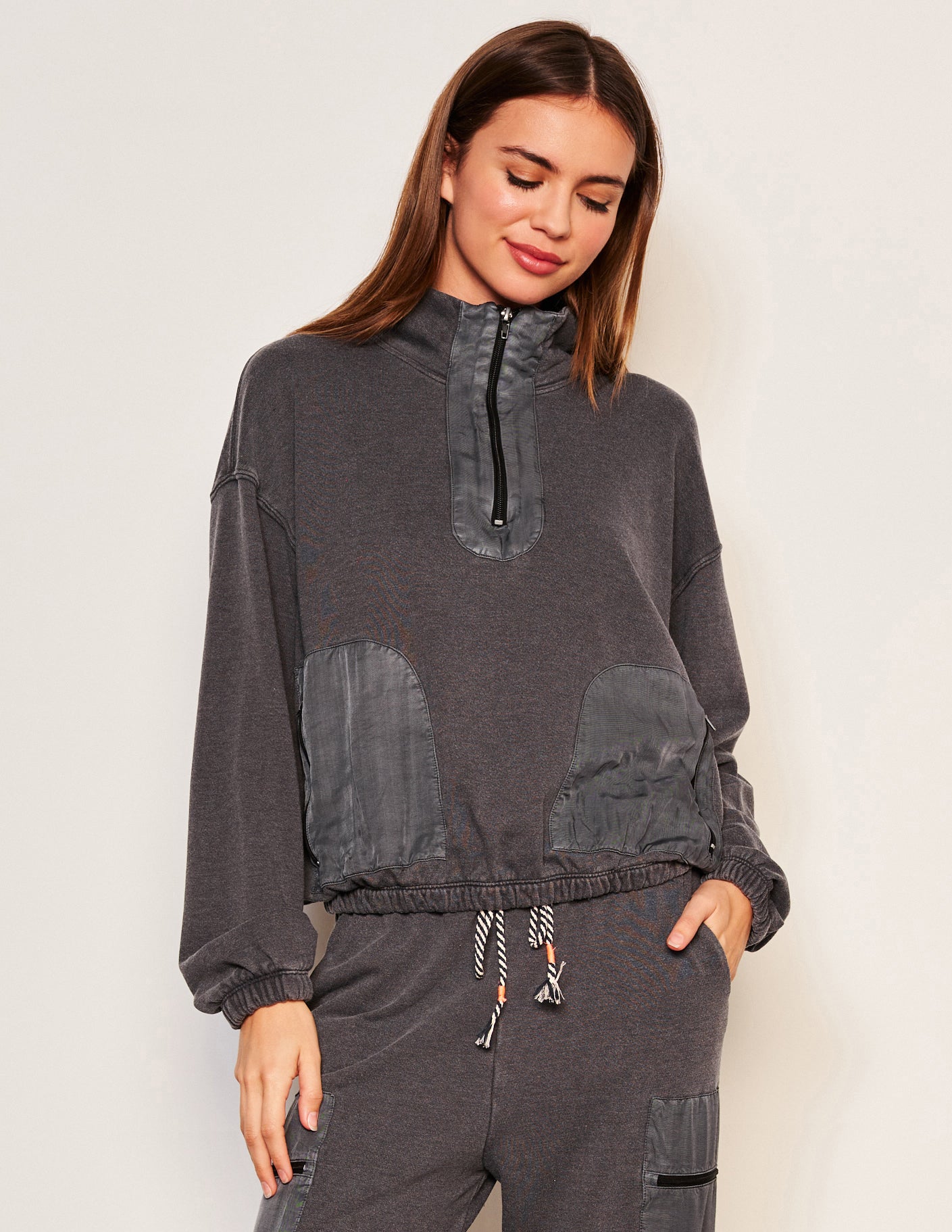 Sundry Mixed Media Half Zip Popover in Washed Black