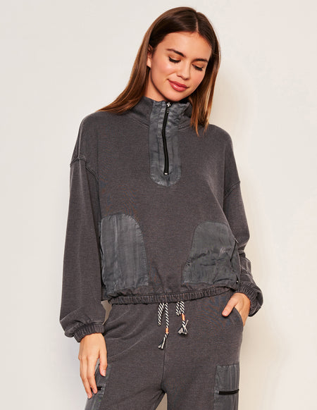 Sundry Mixed Media Half Zip Popover in Washed Black-front