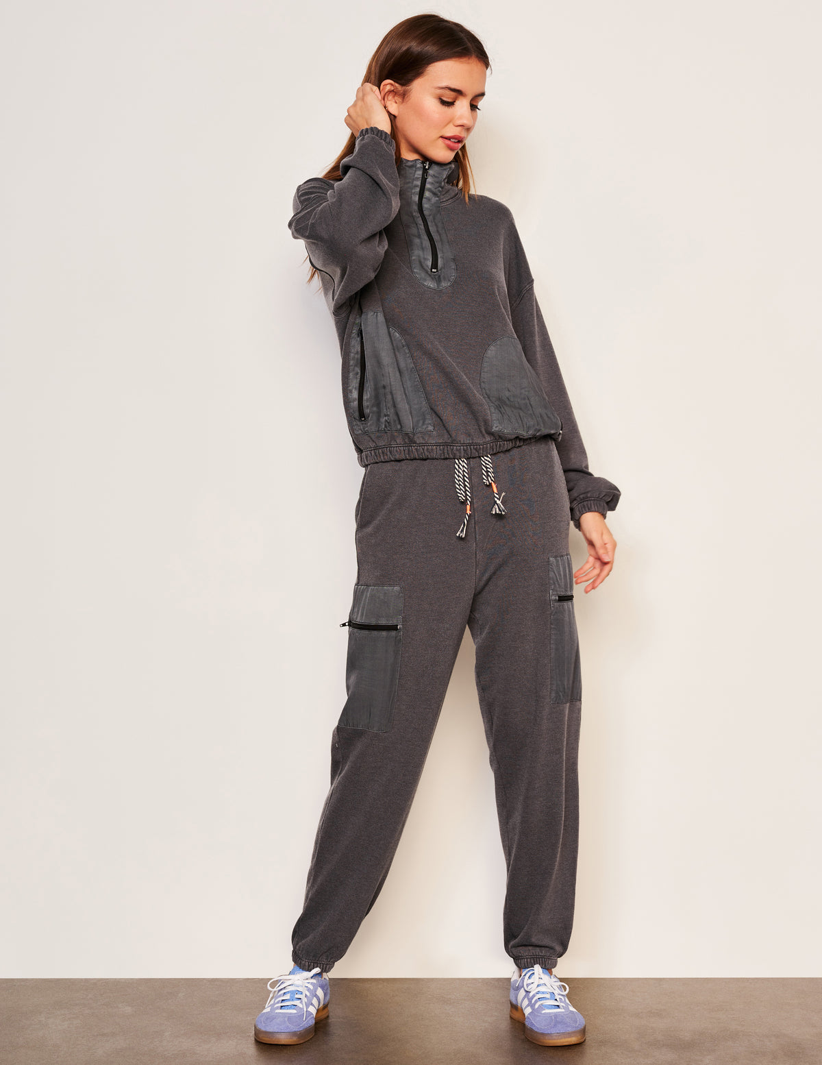 Sundry Mixed Media Half Zip Popover in Washed Black-side view