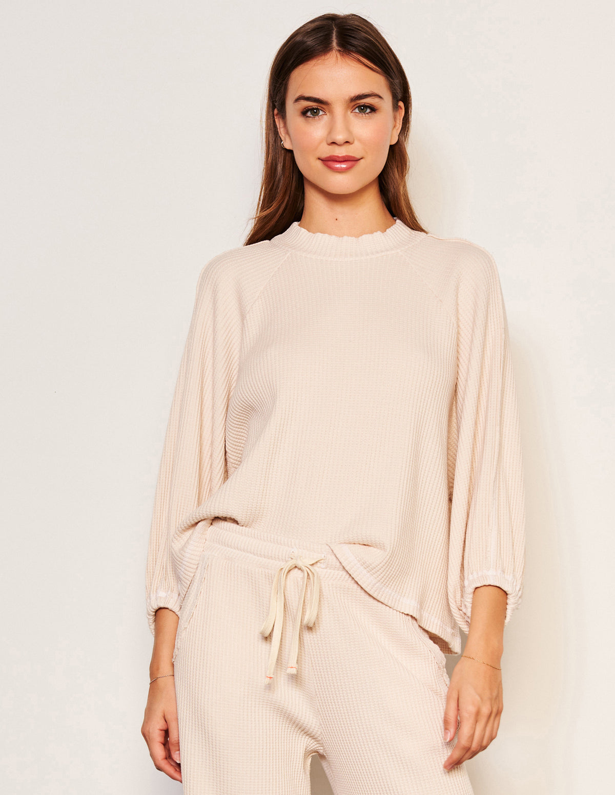 Sundry Thermal Mock Neck Dolman Shirt in Oyster-3/4 front