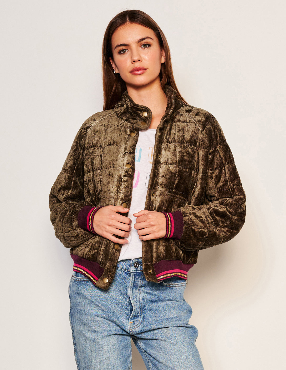 Sundry Quilted Bomber in Fern-3/4 front view