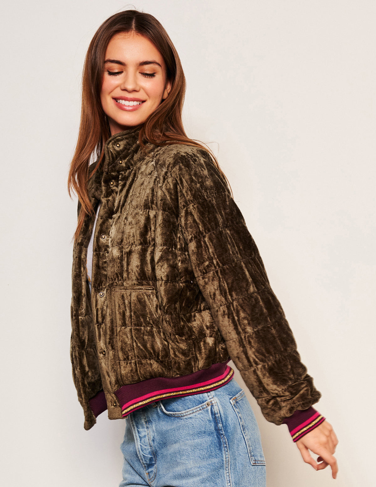 Sundry Quilted Bomber in Fern-side view