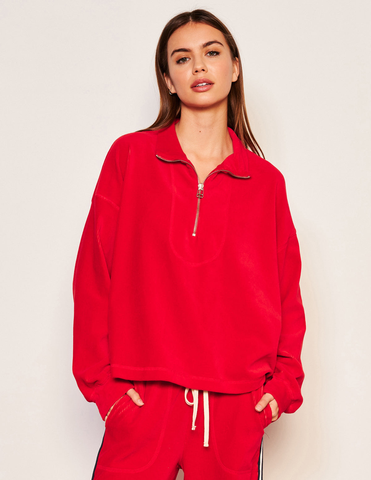 Seindry Sundry Crop Half Zip Popover Sweatshirt & Relaxed Wide Leg Pant Set in