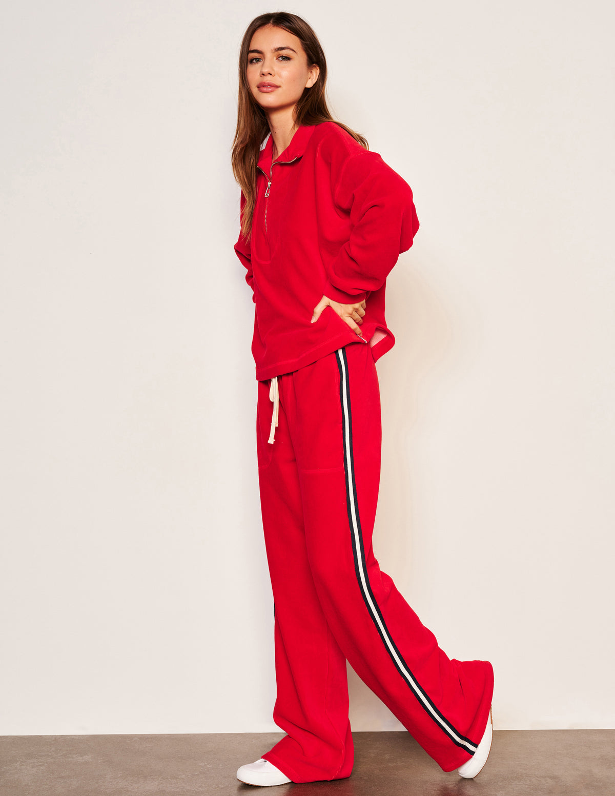 Sundry Crop Half Zip Popover Sweatshirt in Flare Red-full side view