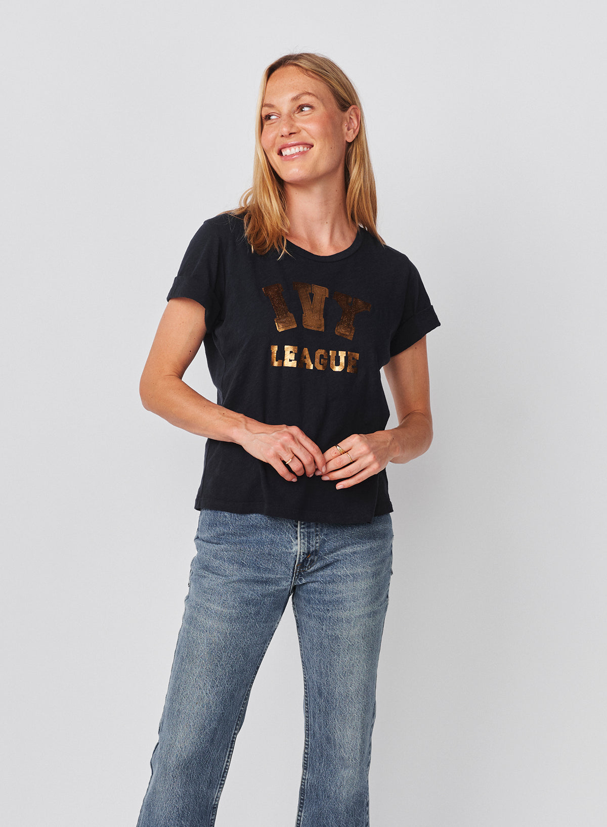Sundry Ivy League Rolled Sleeve Tee in Deep Navy