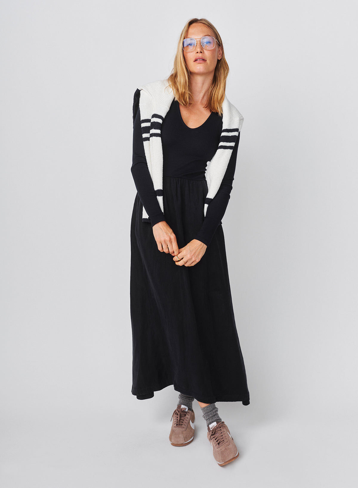 Sundry Long Sleeve Mixed Rib Cupro Dress in Deep Navy
