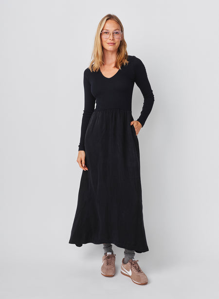 Sundry Long Sleeve Mixed Rib Cupro Dress in Deep Navy
