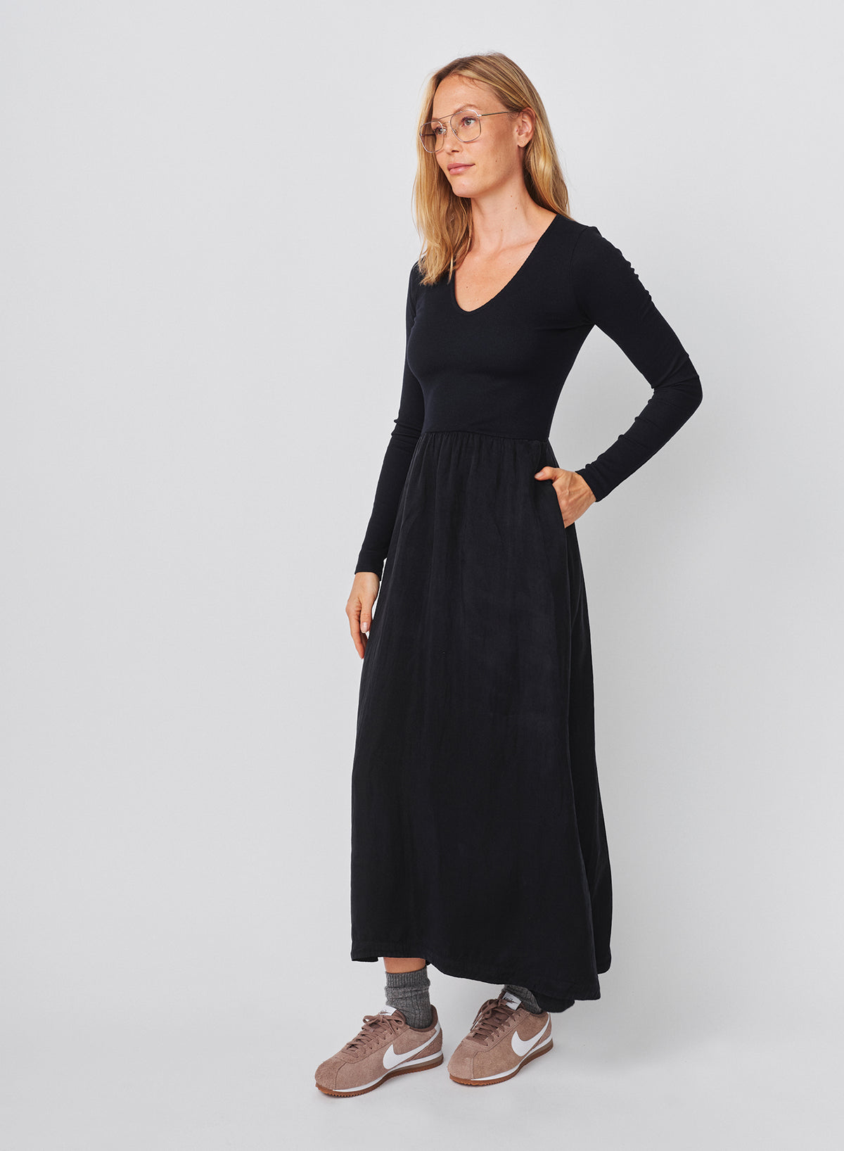 Sundry Long Sleeve Mixed Rib Cupro Dress in Deep Navy