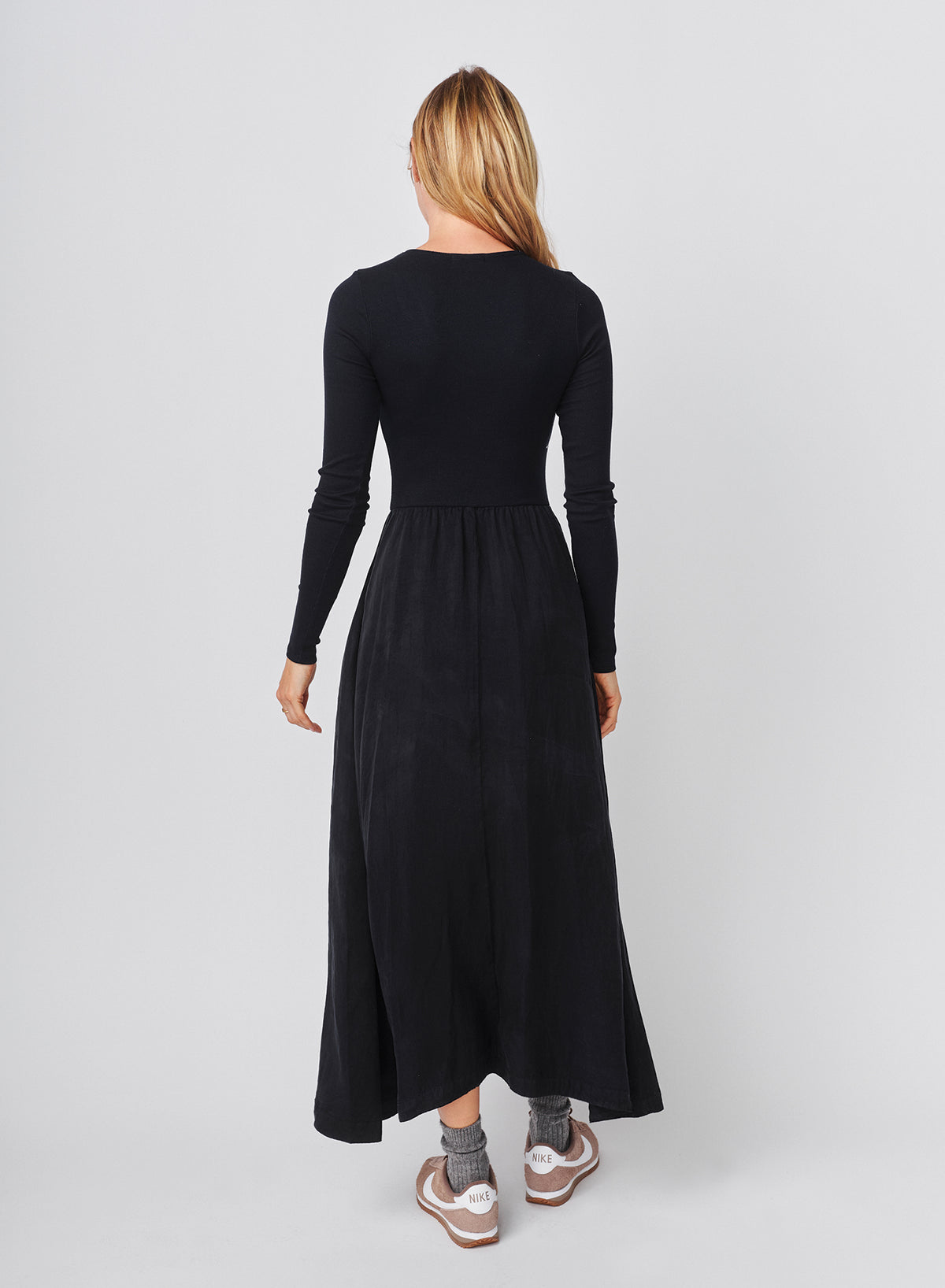 Sundry Long Sleeve Mixed Rib Cupro Dress in Deep Navy