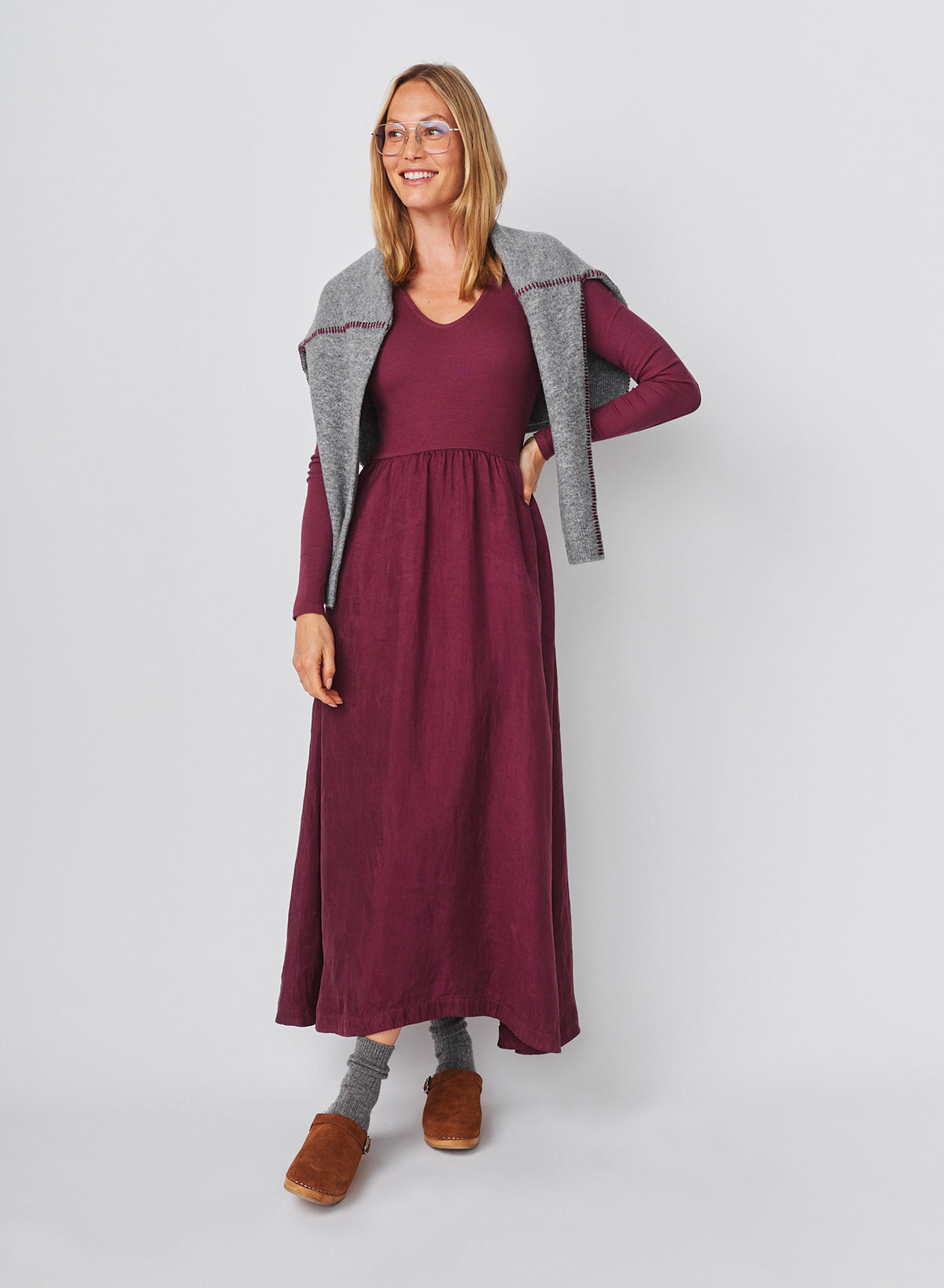 Sundry Long Sleeve Mixed Rib Cupro Dress in Mulled Wine