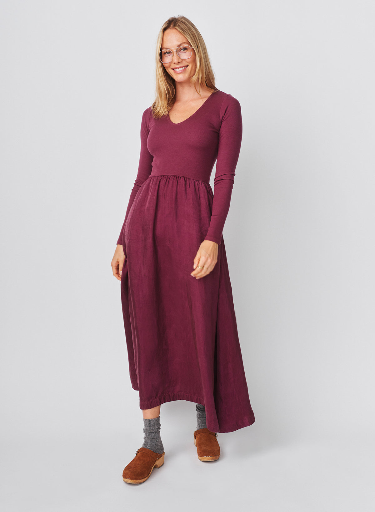 Sundry Long Sleeve Mixed Rib Cupro Dress in Mulled Wine