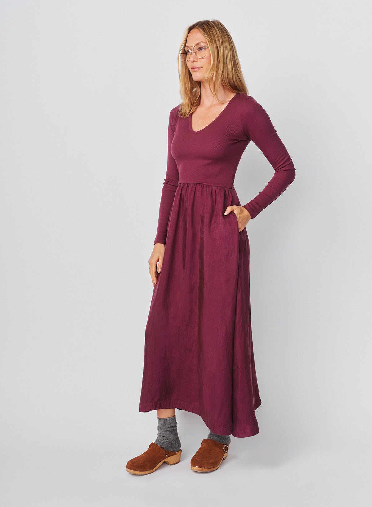 Sundry Long Sleeve Mixed Rib Cupro Dress in Mulled Wine
