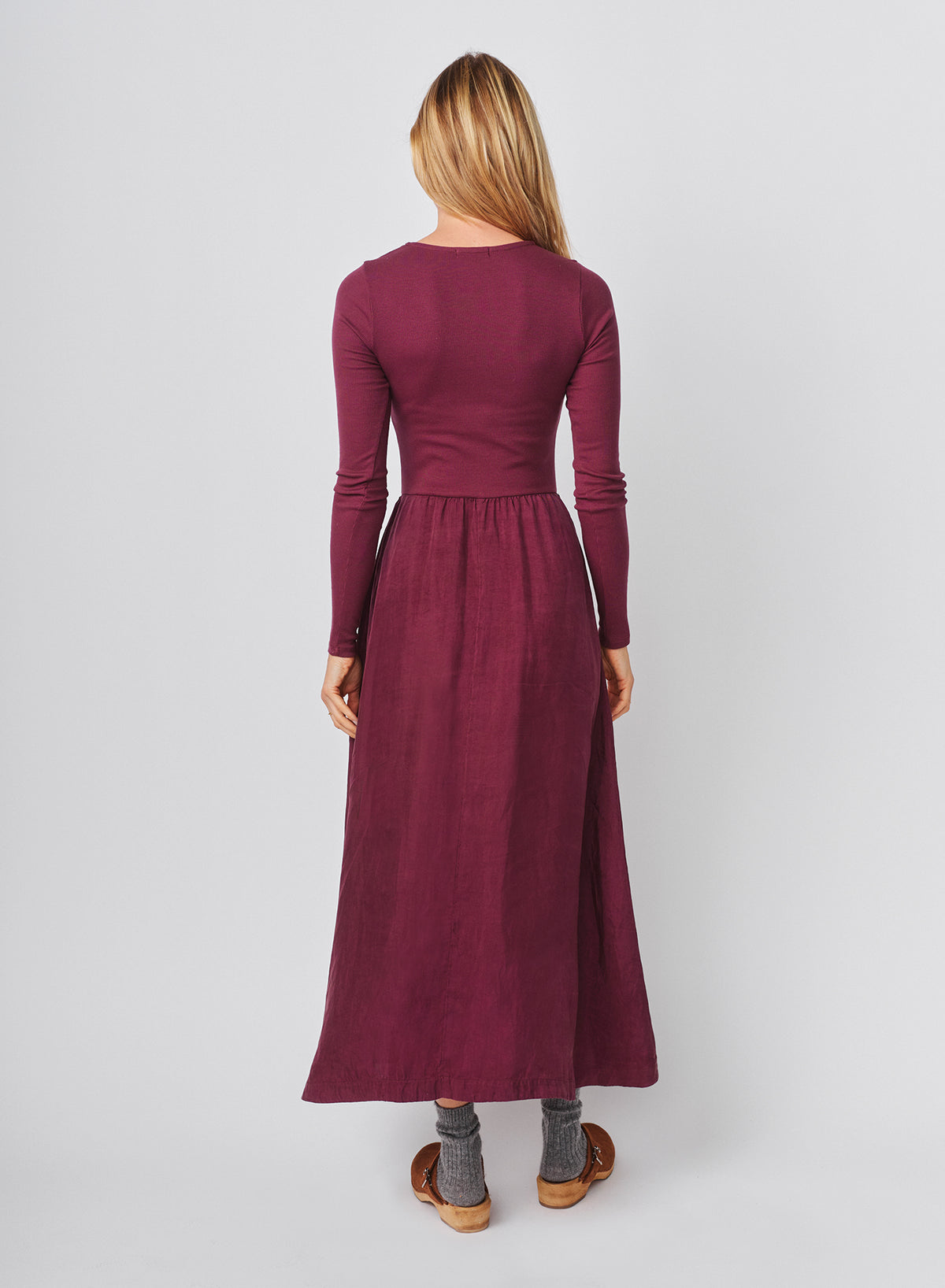 Sundry Long Sleeve Mixed Rib Cupro Dress in Mulled Wine