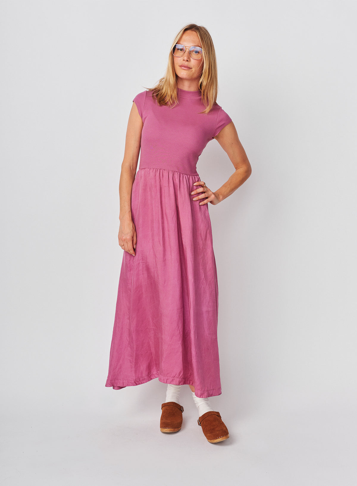 Sundry Cap Sleeve Mixed Rib / Cupro Dress in Mauve