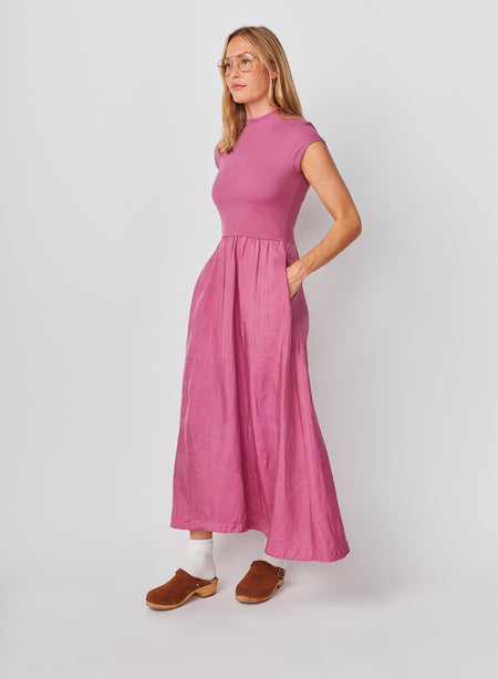 Sundry Cap Sleeve Mixed Rib / Cupro Dress in Mauve