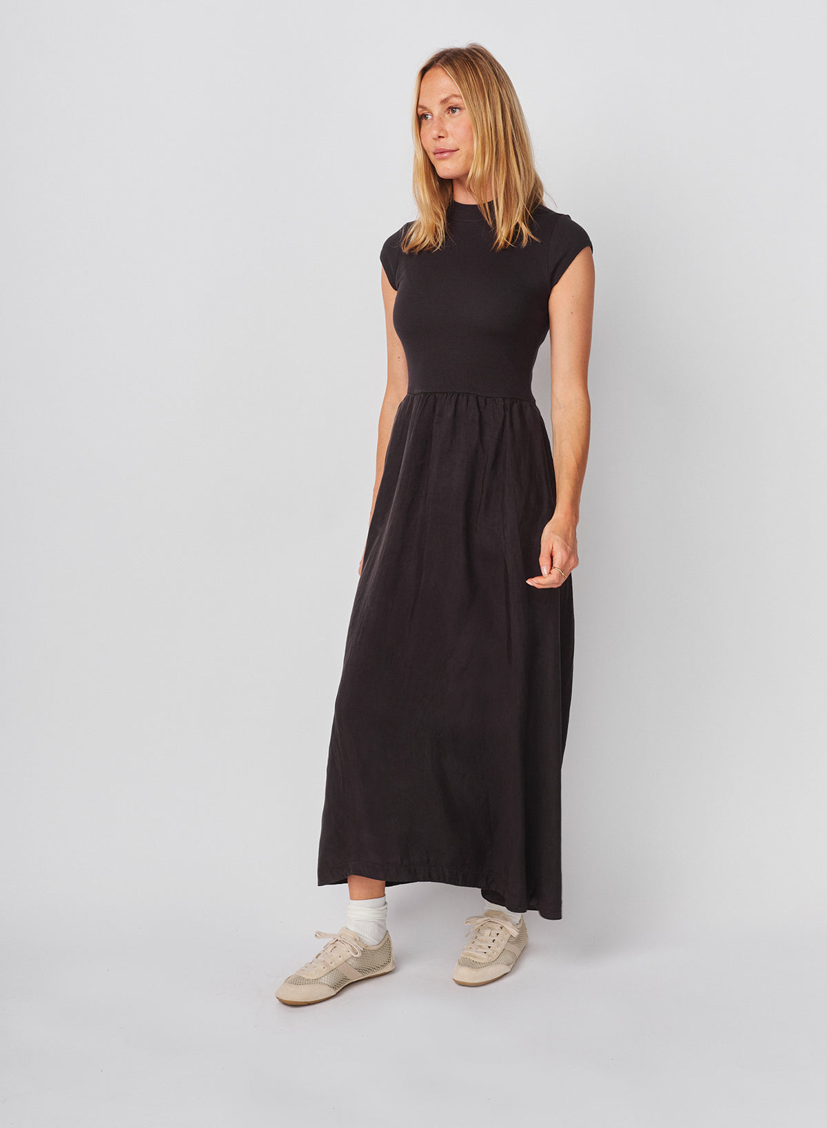 Sundry Cap Sleeve Mixed Rib / Cupro Dress in Washed Black